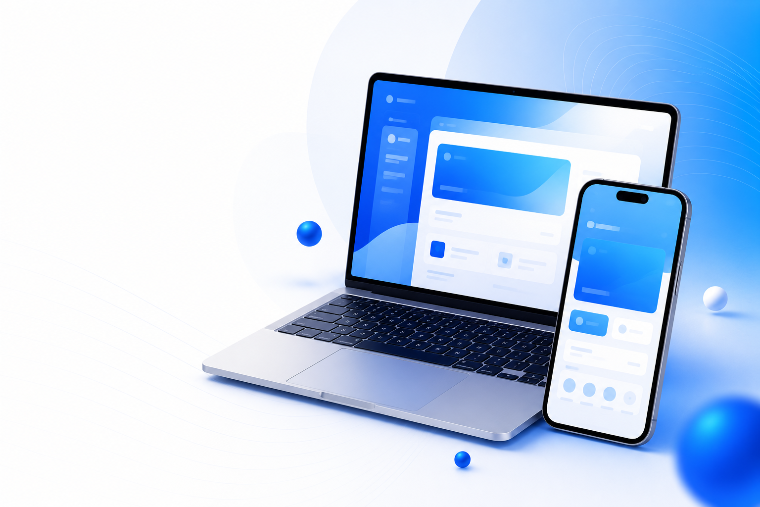 Laptop and smartphone showing modern blue application interfaces